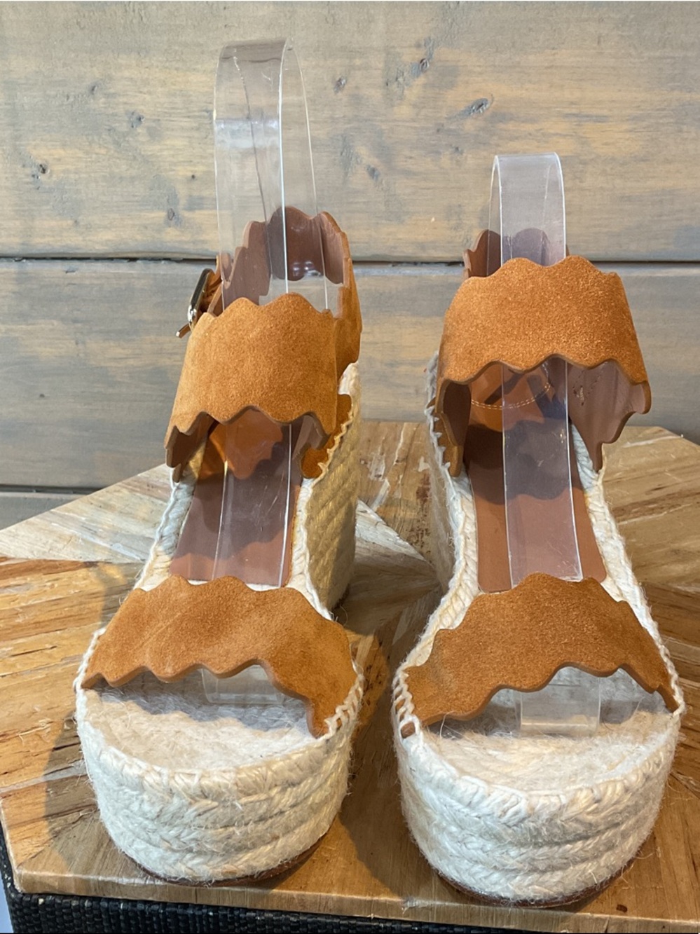Chloe Tan Suede Wavy Strap Espadrille Platform Sandals